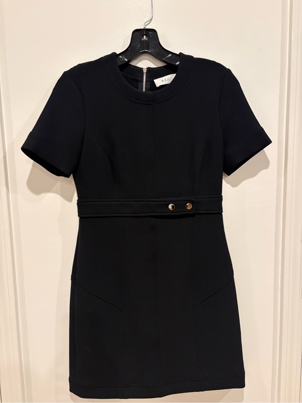 A.L.C. Black Short-Sleeve Belted Crewneck Dress